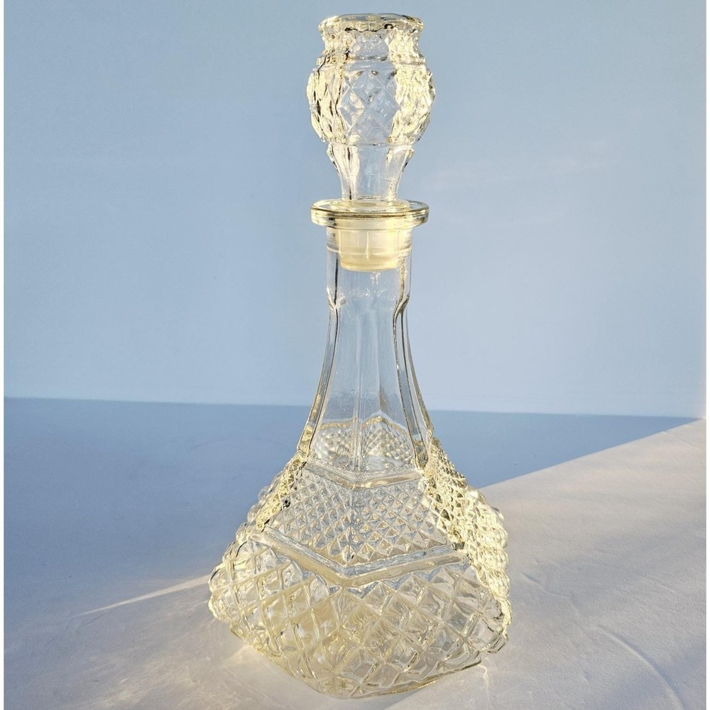 Vintage Hexagonal Diamond Point Glass Decanter with Stopper Barware MCM Decor